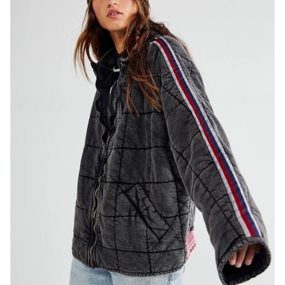 New Free People Dolman Quilted Knit Jacket Varsity Stripe Large Black